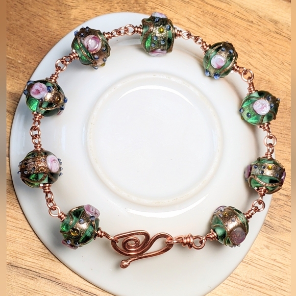 Venetian Emerald Glass Bead Copper Bracelet Textured Colorful Handmade - Picture 10 of 16